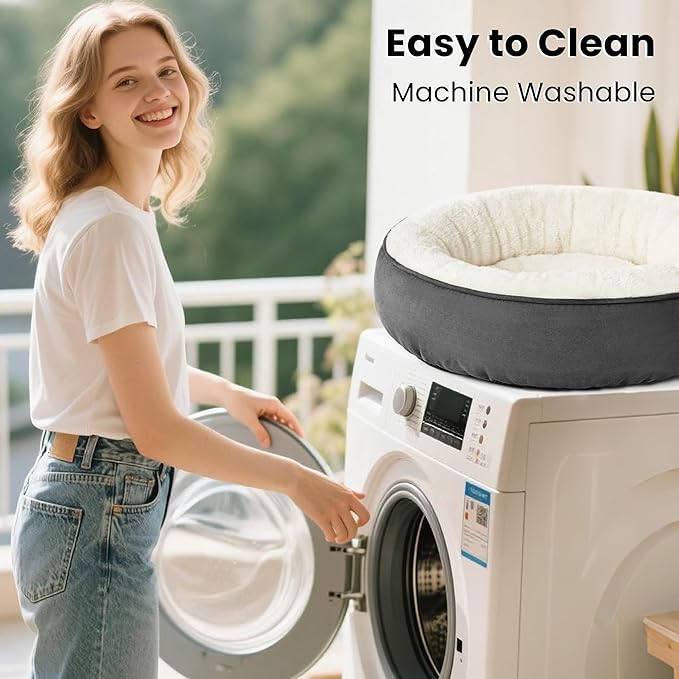 Love's cabin Round Donut Cat and Dog Cushion Bed, 30in Pet Bed for Medium or Large Dogs, Anti-Slip & Water-Resistant Bottom, Soft Durable Fabric Pet beds, Washable Calming Cat Bed Dark Grey