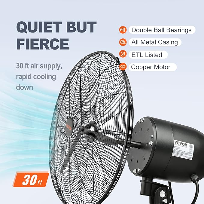 VEVOR 30 Inch Wall-Mount Misting Fan, 3-speed IP44 Waterproof Oscillating, Max. 9500 CFM Wall Mounted Fan for Outdoor, Commercial, Residential, Greenhouse, Workshop, Patio, Black, ETL Listed