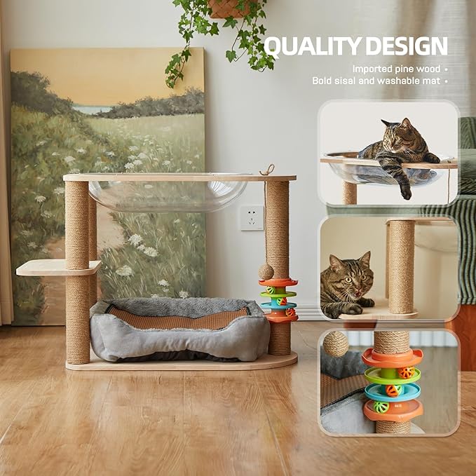 2 Tier Cat Tower,21.85 in cat Perch Wood cat condo with Hammock and Sisal Rope Scratcher Post Hanging Toy Balls for Indoor Large Cats Kittens (Grey)