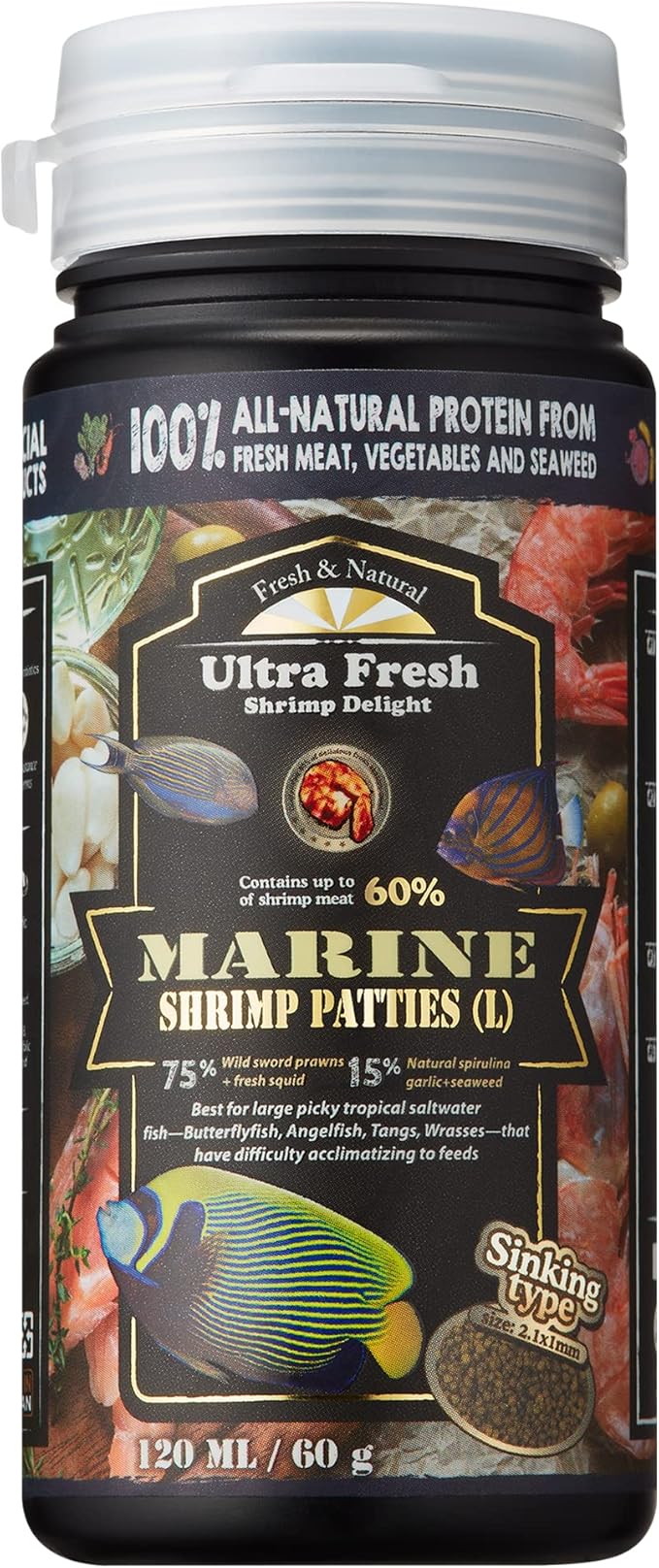 Ultra Fresh Marine Fish Food, 75% Sword Prawns + Squids, Natural Protein, Color Enhancement, for Large Saltwater Fish, Marine Shrimp Patties L 2.12oz