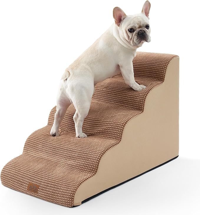Extra Wide Dog Stairs 19.7" Width, Large Pet Step for Small Medium Dog, Puppy or Cat, Ramp for High Bed or Car, High Density Foam Ladder, Stable, 5 Step, 19.7x33x22.4 inch, Light Brown