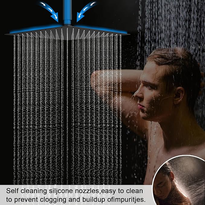 Shower Faucet Set Matte Black Temperature Display Shower System, Push Button Shower Faucet with Dual Rain Shower Head(12 inch+8 inch), and Handheld Shower
