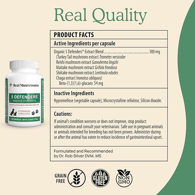 5 Defenders Mushroom Supplement for Cats & Dogs – Chaga, Shiitake, Reishi, Turkey Tail, Maitake – Cat Multivitamin & Dog Supplement for Wellness Support– 90 ct Real Mushrooms Powder Capsules