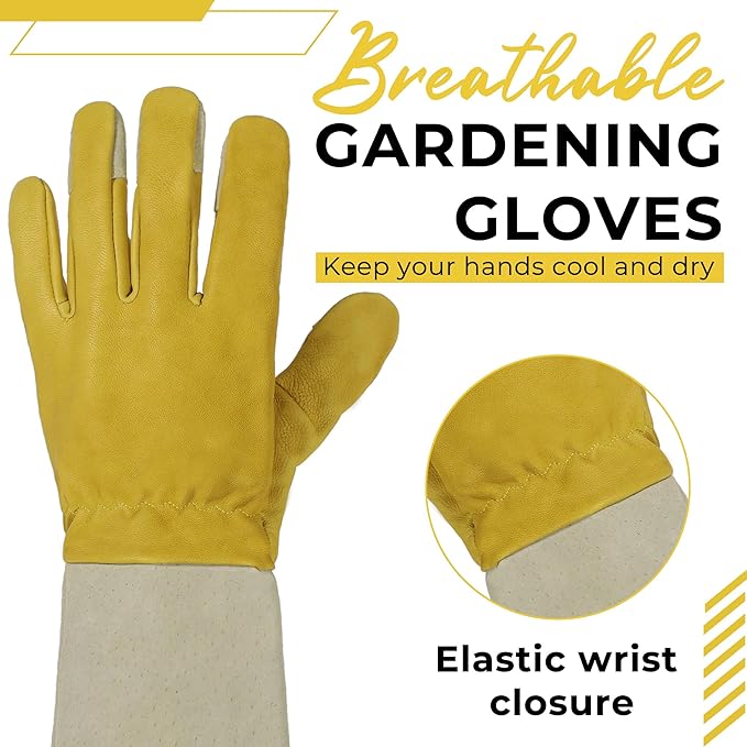HANDLANDY Rose Pruning Gardening Gloves for Men Women, Thorn Proof Forearm Protection Leather Garden Gloves, Gardening Gifts for Gardeners (Yellow- Goatskin, X-Large (Pack of 1))