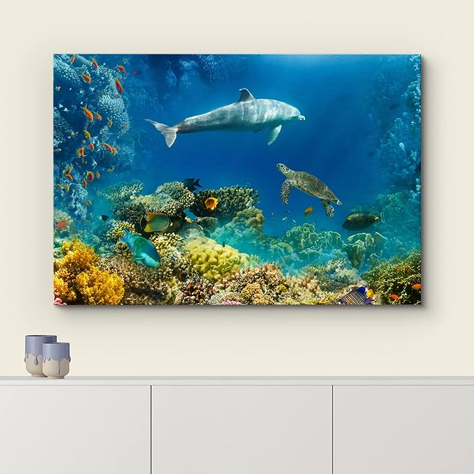wall26 Canvas Print Wall Art Tropical Ocean Underwater Dolphin Coral Reef Nature Animals Photography Realism Rustic Scenic Landscape Wilderness Colorful for Living Room, Bedroom, Office - 24"x36"