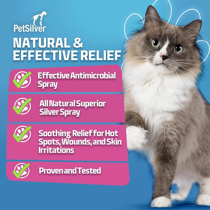 PetSilver Wound & Skin Spray for Cats - Chelated Silver, Superior to Colloidal Silver - Wound Care, Allergy & Itch Relief, Hot Spot Treatment for Cats - Natural Skin Soother - Made in USA - 2 fl oz
