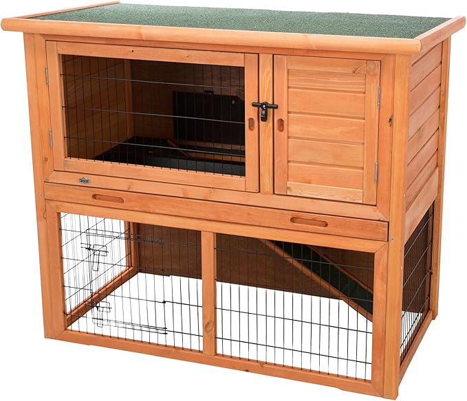 TRIXIE natura Outdoor Rabbit Hutch with Run - 2-Story Rabbit Cage with Non-Slip Ramp - Large Elevated Small Animal House with Secure Playpen, Hinged Roof & Pull-Out Tray - in Brown