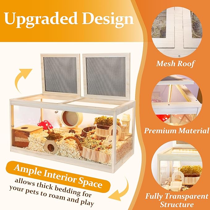 Hamster Cage with Openable Metal Mesh Top,Solid Built Hamster Enclosure with Lock Design for Gerbil Cage,Hamster Habitat Chewproof with Transparent Panels (24"x16"x16")