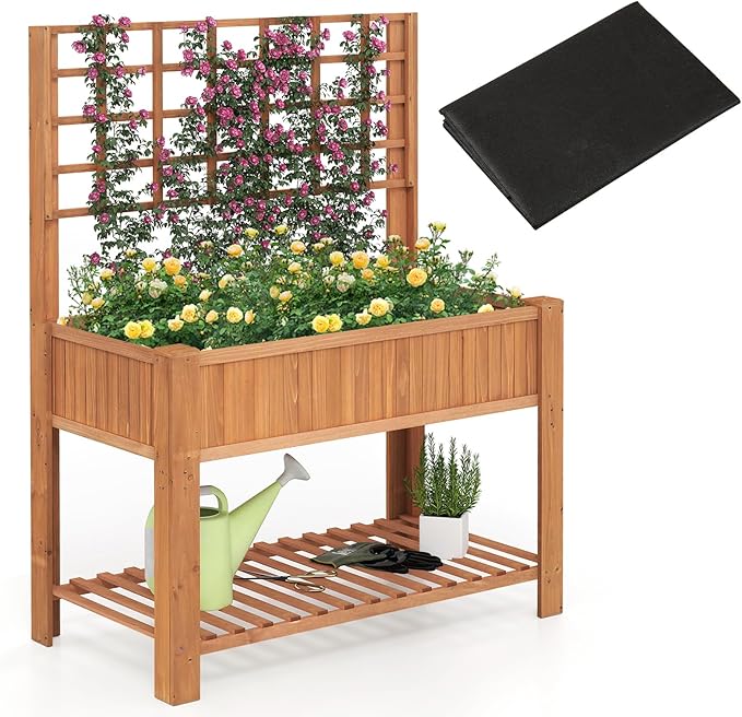 Giantex Raised Garden Bed with Trellis, Wooden Elevated Planter Box with Legs, Drainage Holes for Climbing Plants Vines Vegetables Flowers Herbs, Outdoor Horticulture Planter for Patio Yard (Brown)