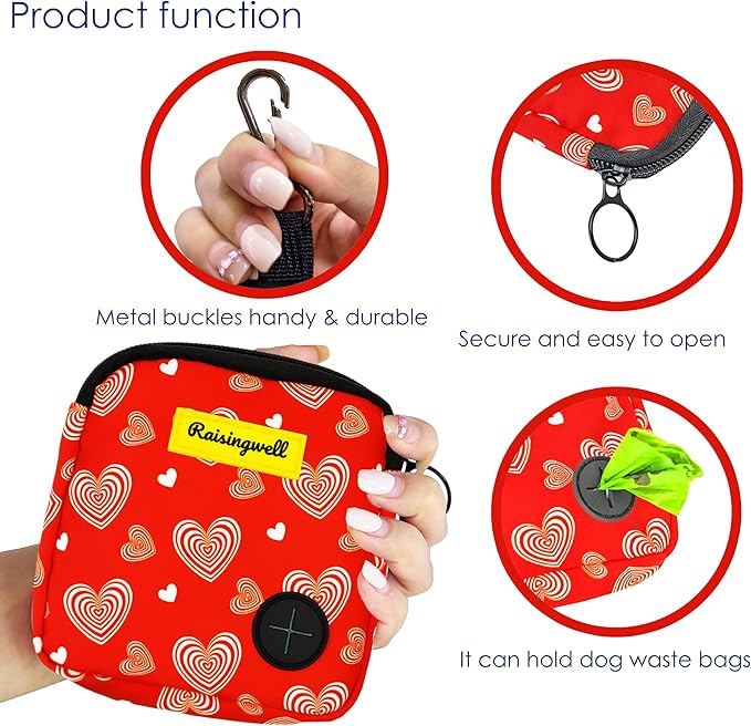 Dog Treat Pouch for Pet Walking and Training with Clicker Poop Bags Small Fanny Zipper Pack Holder for Puppy Snack Dispenser Kit for Leash and Outdoor Use (Valentine)