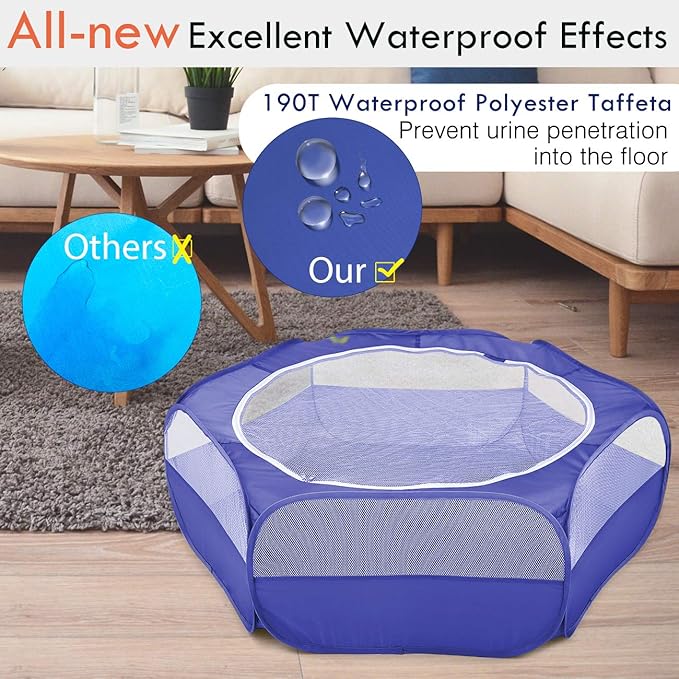 Pawaboo Small Animals Playpen, Waterproof Small Pet Cage Tent with Zippered Cover, Portable Outdoor Yard Fence with 3 Metal Rod for Chick/Kitten/Puppy/Guinea Pig/Rabbits/Hamster/Chinchillas,Indigo