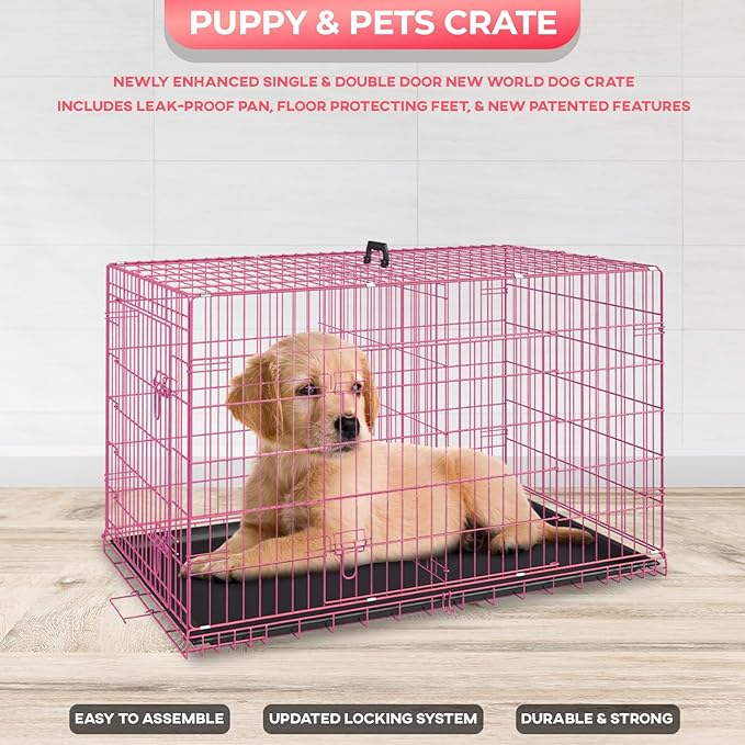 FDW Dog Crate for Small Dogs 24 Inch Folding Metal WirePet Cage Double Door W/Divider Panel Indoor Outdoor Kennel Leak-Proof Plastic Tray,Pink