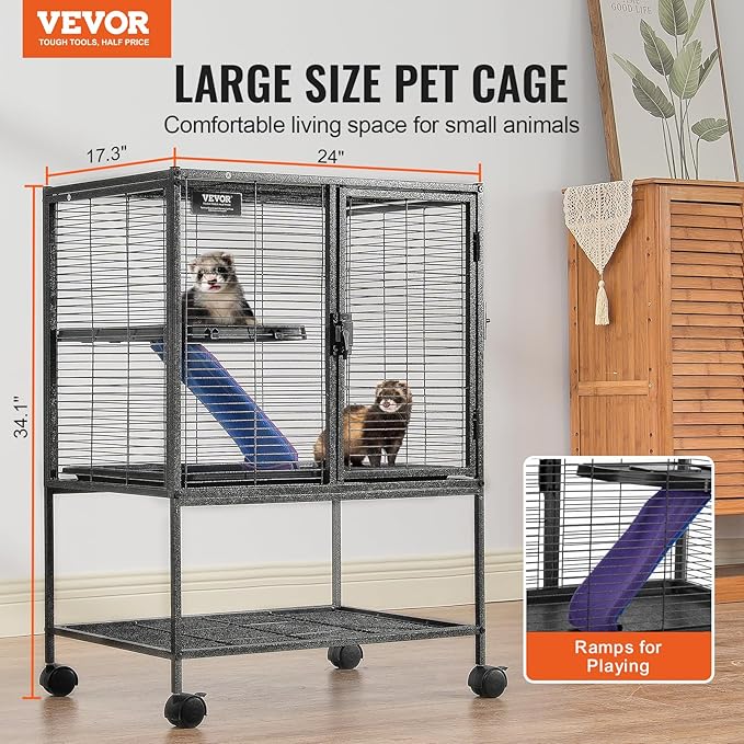 VEVOR 34" Rolling Metal Ferret Cage, Large 2-Tier Critter Nation Cage, Small Animal Cage with Ramps & Tray, Easy to Set up for Pet Mice, Hamster, Guinea Pig, Chinchilla, Squirrel, Hedgehogs, Bunny