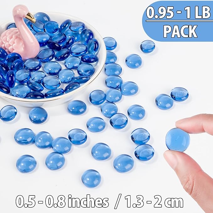 Pale Blue Glass Marbles, 0.97LB Transparent Flat Glass Beads for Vases, Light Blue Mosaic Gem Pebbles for Aquarium Decor, Floral Arrangements, Mancala Stones, Vase Filler and Crafts, Approx. 80-100PCS