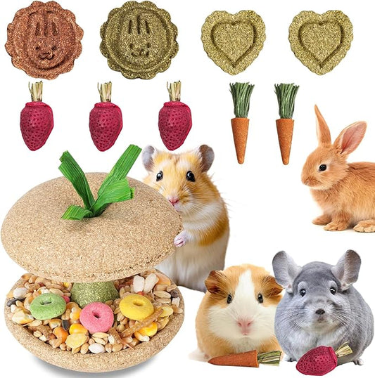 10 PCS Guinea Pig Chew Toys for Teeth, Rabbit Chew Toys Contain Natural Timothy Apple Core, Grass Cake, Carrot and Strawberry;Hamster toys for Bunny Chinchilla Gerbil Dental Care & Treat Teething