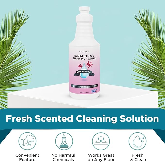 Steam & Go Deminerilized Water - Multi-Surface Cleaner for Steam Cleaners, Hardwood Floors, Kitchens, & Bathrooms - Germ-Killing Formula - Hotel California Scent - 32 Ounces (Pack of 6)