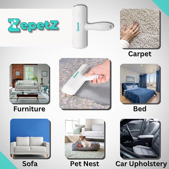 Pet Hair Removal Tool – Reusable Lint Roller for Dogs & Cats – Self-Cleaning Fur Remover Brush – Ergonomic Lint Roller for Carpet, Bedding, Couch, Car Seat & More (White)