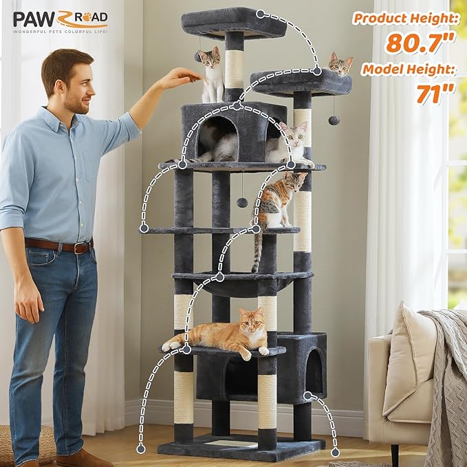 PAWZ Road Heavy Duty Cat Tree for Large Cats, 81 Inches Tall Cat Tower with 2 Perches, 2 Condos and Spacious Hammock, XL Extra Large Condo with 7 Scratching Posts for 20lb+ Adult Cats, Dark Gray
