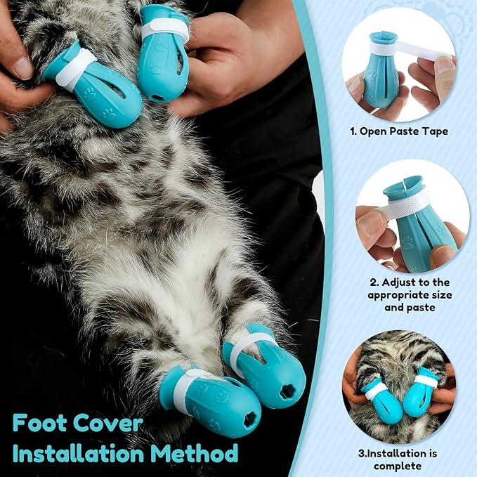 Cat Muzzle, Cat Mouth Cover for Grooming with 4 Silicone Paw Shoes, Cat Anti Bite Helmet, Silicone Claw Covers, Cat Breathable Hood for Cats Bathing Shaving Nail Trimming (Small)