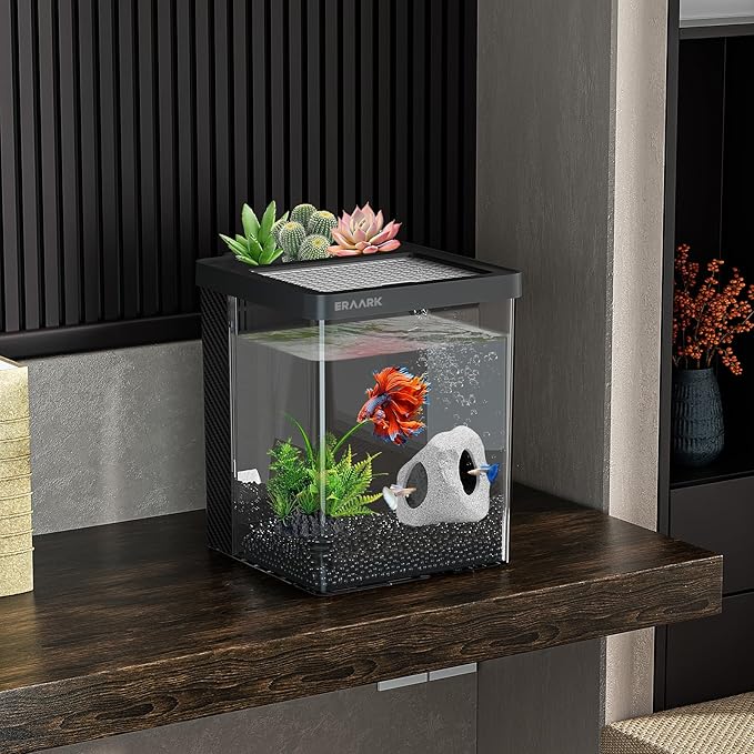 Betta Fish Tank,Aquarium kit 1.5 Gallon Fish Tank,with Filter LED Light, Water Pump, Decorate Water Plants and Sand, Aquarium Starter Kits, Fish Bowl