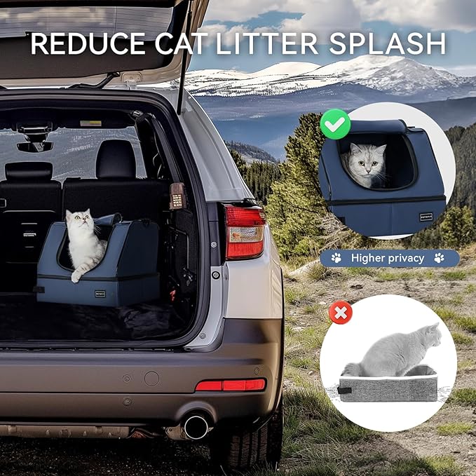 PETSFIT Travel Litter Box for Cats - Removable 2-Layer Leak-Proof Lining, Scratch-Resistant Fabric with Sturdy Support Frame, Cat Collapsible & Travel Litter Box Navy Blue