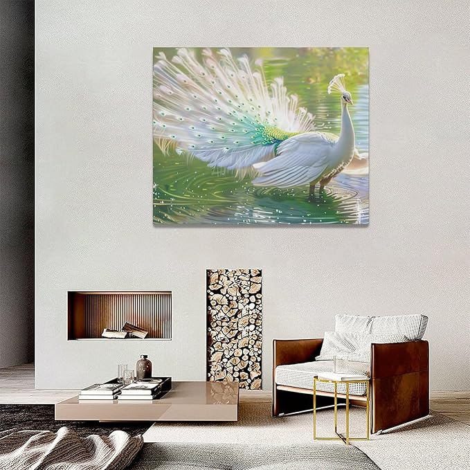 Large White Peacock Wall Art for Living Room Lake Colorful Peacock in Full Bloom Art Big Space Size Framed Bird Canvas Prints Pictures Painting Artwork Office Bedroom Home Decor 60"x30"
