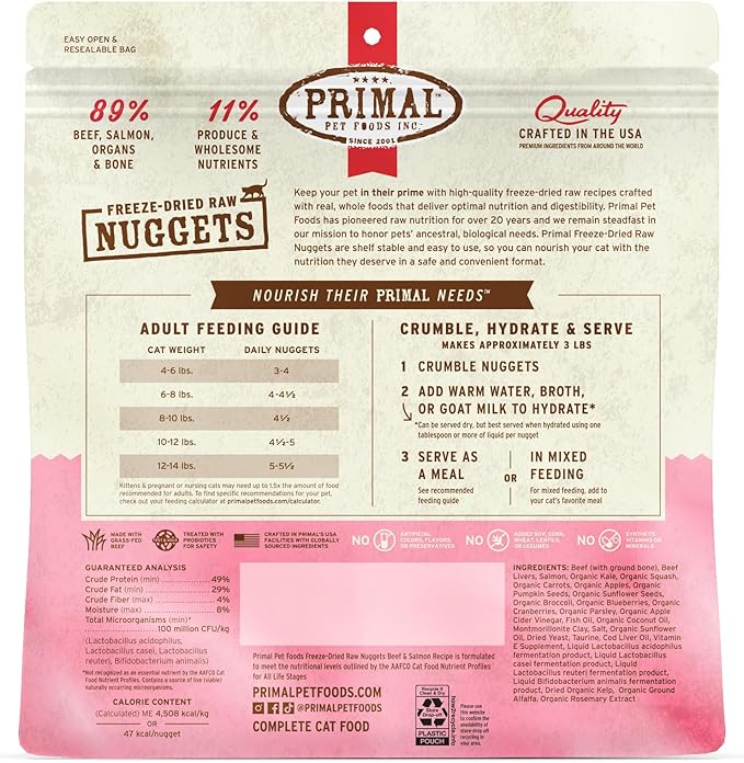 Primal Freeze Dried Raw Cat Food Nuggets Beef & Salmon, Complete & Balanced Meal or Topper, Premium, Healthy, Grain Free, High Protein Raw Cat Food with Probiotics (14 oz)