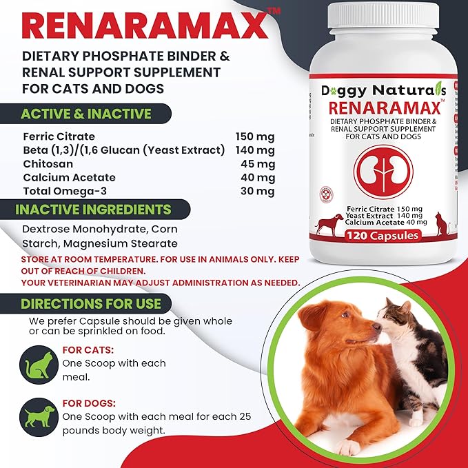RENARAMAX Dietary Phosphate Binder and Renal Support Supplement for Cats and Dogs 120 Count (Made in U.S.A)