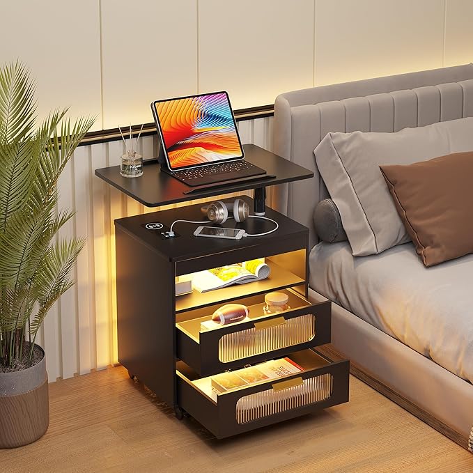 HNEBC Nightstand Set of 2, LED Nightstand with Wireless Charging Station/USB Ports,Smart Nightstand Has Adjustable Rotary Workstation with 2 Drawers,Modern Bedside Table for Bedroom Furniture(Black)