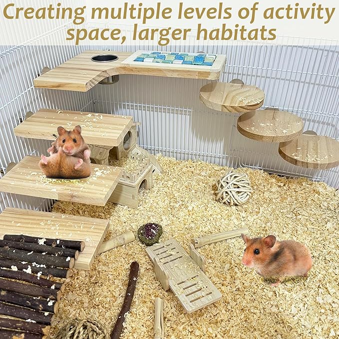Wooden Hamster Cage Platform Set 9 Pack Wood Juvenile Chinchilla Shelves, Squirrel L-Shape Corner Ledge with Hole Cooling Standing Board, Rat Cage Accessories for Gerbil Small Animal Climbing