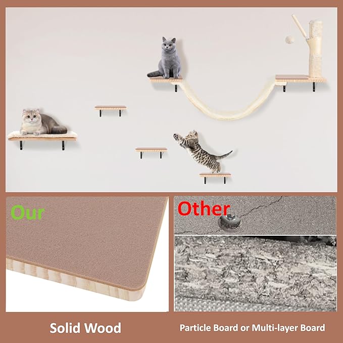 Wall Mounted Cat Climber Set, Cat Wall Shelves,Cat Wall Furniture Set,with Hammock,Jumping Boards,Sofa,Steps,Scratching Post,Hanging Ball and Felt Pads, Suit for Cats Climb, Jump,Scratch-Beige