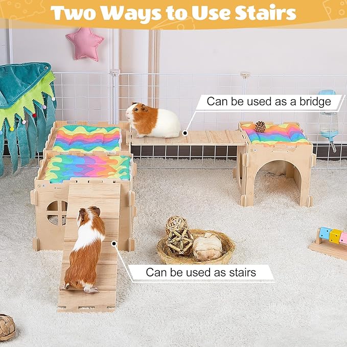 Guinea Pig Hideout, Guinea Pigs House with Stairs and Mats Extra Large Guinea Piggy Castle Detachable Hideouts for Small Animals Wooden Guinea Pig Habitats with Multiple Doors and Windows
