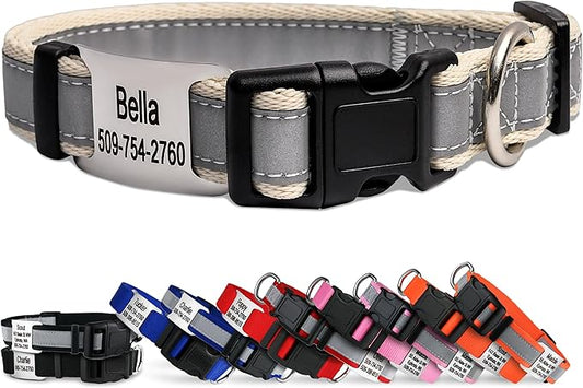 GoTags Reflective Personalized Dog Collar with Nameplate, Adjustable Dog Collar with Custom Engraved Steel Slide On Pet ID Tag, Silent, No Noise Dog Tag for Large Medium or Small (Beige, Large)
