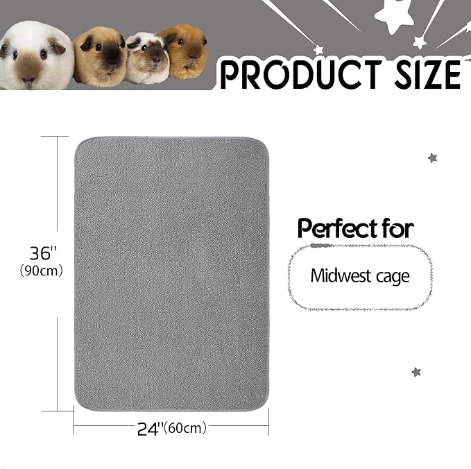 Guinea Pig Cage Liner, 2 Pack - Washable, Reusable, Leakproof Fleece Bedding Pads for Small Animals with Anti-Slip Bottom - for Midwest Cage/24''X36'' Area, Gray