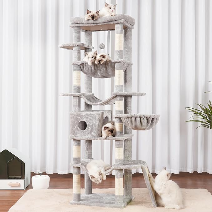 Hey-brother Cat Tree, 69.3-Inches Multi-Level Plush Cat Tower for Indoor Cats with Large Top Perch, Extra Spacious Hammock, 2 Hammocks Ramp, Hanging Ball, Light Gray MPJ037W
