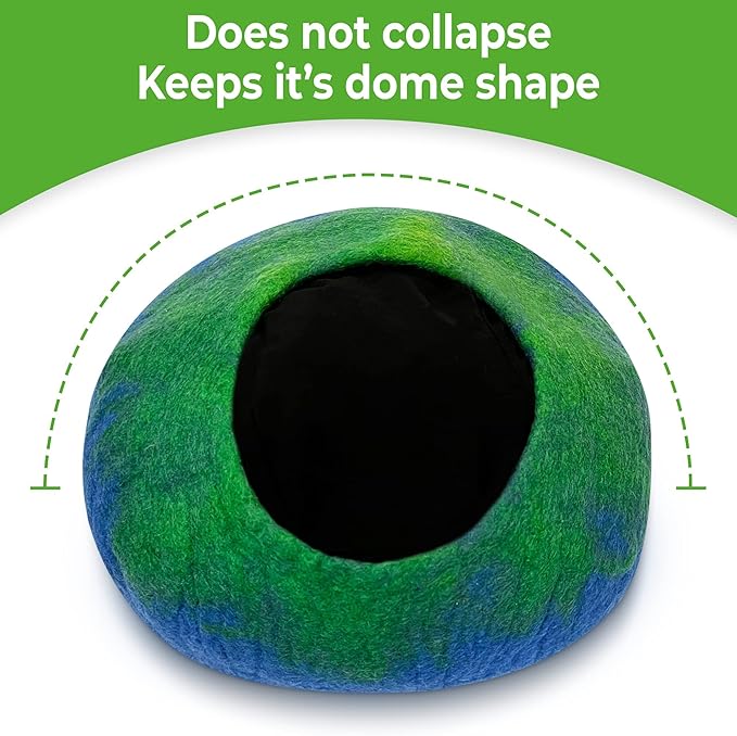 Woolygon Premium Felt Cat Cave Bed – Wool Kitty Beds Handcrafted Kitten Caves Bed for Indoor Cats - Made from 100% Eco-Friendly Merino Wool, Foldable Cat Hidewawy Covered Cat Houses (Emerald Indigo)