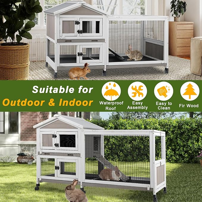 Rabbit Hutch Outdoor Indoor Bunny Hutch with Run 2-Story Large Rabbit Cage on 6 Wheels, 3 Leak Proof Trays, Ramp, Waterproof Roof for Small to Medium Animals, Expandable Design