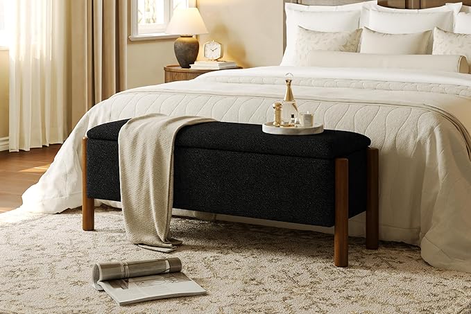 Modern Storage Benches with Walnut Wood Legs, 47'' Ottoman Bench with 20 Gallons Storage Space for Bedroom End of Bed, Fabric Upholstered Entryway Bench with Seating for Livingroom, Black