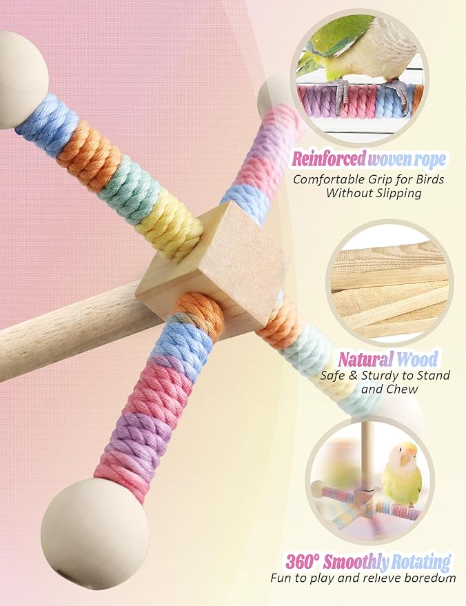 Bird Stand Perch Toy for Small & Medium Birds, 360° Rotating Natural Wooden Parrot Perchs for Bird Cages, Interactive Spinning Toy fo Parrot Parakeets Cockatiels Lovebirds Conures Finches Budgies