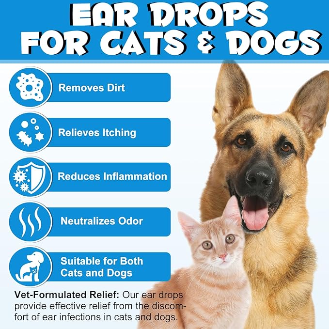 Dog & Cat Ear Infection Treatment Drops, Pets Ear Cleaning Drops with 1% Hydrocortisone for Dog & Cats Yeast Infection, Itchy Ear Relief, Pet Ear Care Supplies for Dogs & Cats -2fl oz