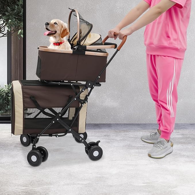 Double Pet Stroller for Dogs and Cats, Foldable Dog Stroller Travel Carriage with Detachable Carriers, Safety Belts, and 4 Lockable Wheels for Small to Medium Pets (Coffee Color)