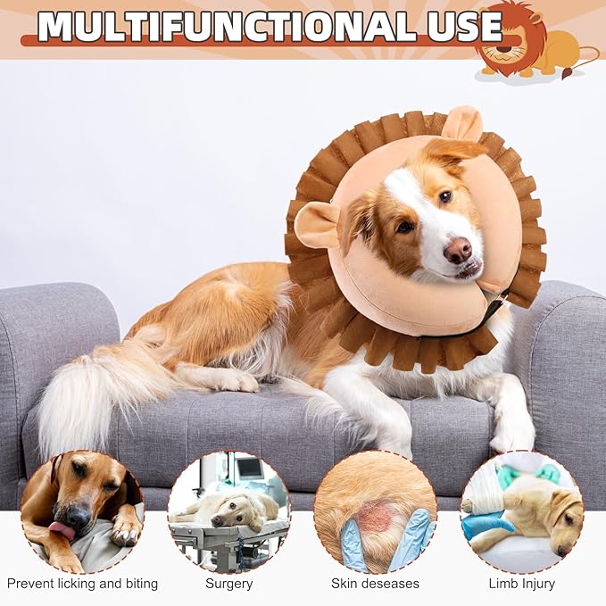 KOOLTAIL Inflatable Dog Cone Collar, Soft Dog Cone Alternative for Large Medium Small Dogs After Surgery, Adjustable Donut Neck Cone for Dogs Cats, Recovery E Collar with Enhanced Anti-Licking,Lion L