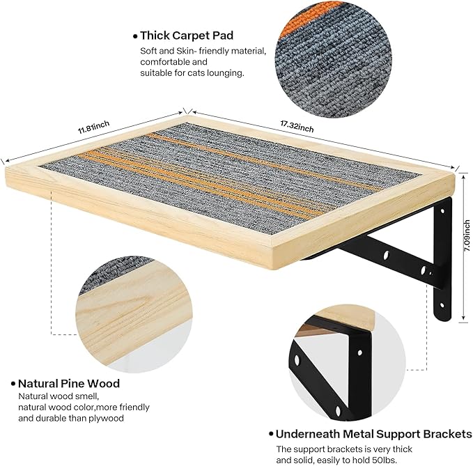Handcrafted Wood Cat Perch & Shelves - Floating Shelf with Cat Hammock Seat, Lounge Bed, Climbing Steps for Relaxing, Playing and Scratching