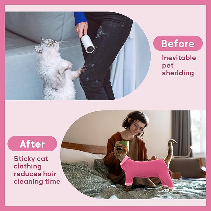 PUMYPOREITY Cat Recovery Suit, Stops Wound Licking After Surgery, Sticky Hair Shirt with Sticky Fabric, Cat Pajamas Prevents Over-Grooming, Pink, XS