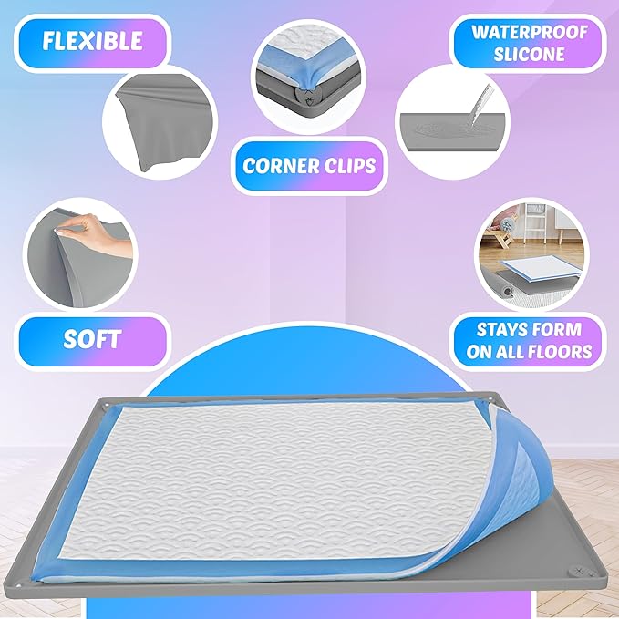 TidyFriend Dog Pee Pad Holder Tray Fits for 30” x 36” Pee Pads with Corner Lock Holes, Raised Edges, Non-Spill, Easy to Clean Silicone Dog Potty Tray Holder, for Indoor Floor Protection (Light Grey)