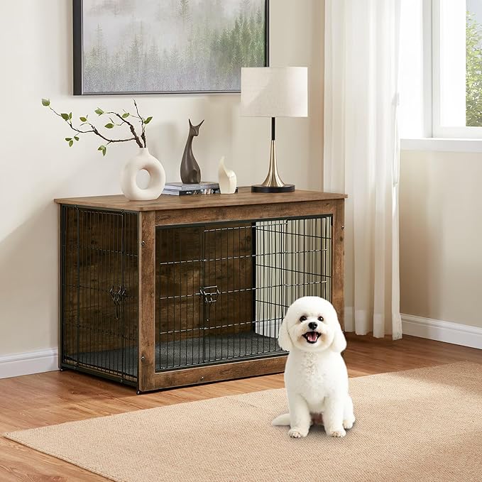 Dog Kennel Furniture, Wooden Dog Crate End Table with Dual Doors, Chew-Proof Design & Cushion, Heavy Duty Dog Crate, Decorative Pet Crate Dog Cage for Indoor (27 Inch)