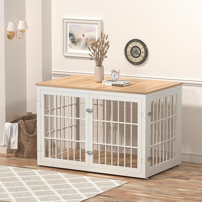 48 Inch Heavy Duty Dog Crate Furniture for Large Dogs, Decorative Pet House End Table, Extra Large Wooden Cage Kennel Furniture Indoor, Natural and White