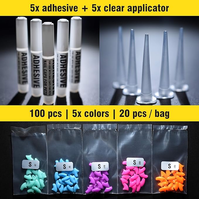 zetpo 100 pcs Cat Nail Caps | Cat Claw Covers | with Adhesives and Applicators (S, Turquoise, Sky Blue, Purple, Rose, Orange Peel)
