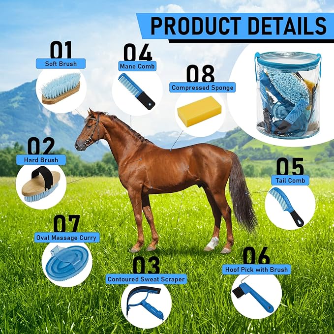 9 Pieces Horse Grooming Kit Tack Room Supplies Set with Organizer Tote Bag, Oval Massage Curry, Hard and Soft Brush, Hoof Pick, Sweat Scraper, Bathing Sponge, Combs for Horse Riders Beginners (Blue)