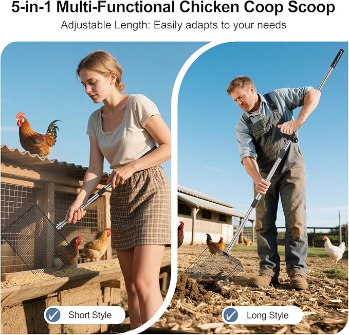 15inch Large Chicken Poop Scooper with Ergonomic Grip, 5 in 1 Adjustable Chicken Coop Pooper Shovel (24 to 76.5"), Stainless Steel Litter Sifting Shovel Scoop for Chicken Coop/Goat Stall/Stable